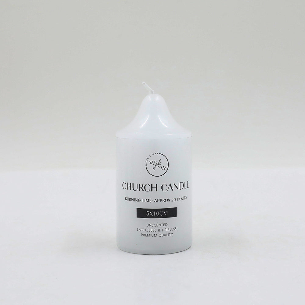white colour; cylindrical shape with a peaked top; printed label with text; smooth wax surface;