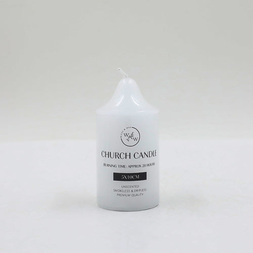white colour; cylindrical shape with a peaked top; printed label with text; smooth wax surface;