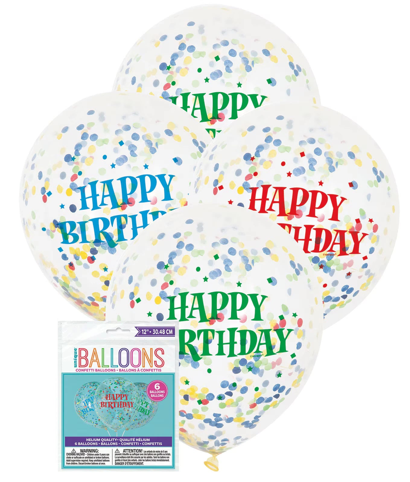 Clear round latex balloons; Confetti inside in assorted colours; Happy Birthday text in multi colours; Pack of 6 balloons; Inflated balloon size approx. 12 inches;