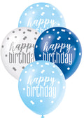Assorted blue and white colour balloons; Printed 'happy birthday' text; Polka dot pattern; Latex material; Standard 12 inch (30cm) size;