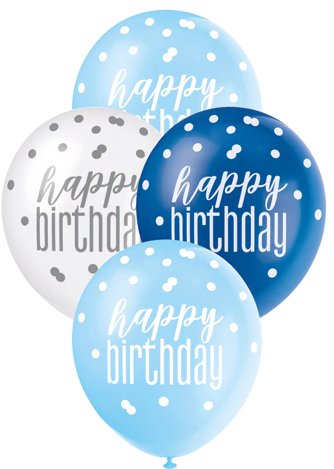 Assorted blue and white colour balloons; Printed 'happy birthday' text; Polka dot pattern; Latex material; Standard 12 inch (30cm) size;