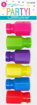 six small plastic bottles in assorted bright colours; bottle colours include pink, green, purple, yellow, blue, red; rectangular bottle shape with rounded cap; packaged with header card labelled 'PARTY!'; each bottle contains a bubble wand;