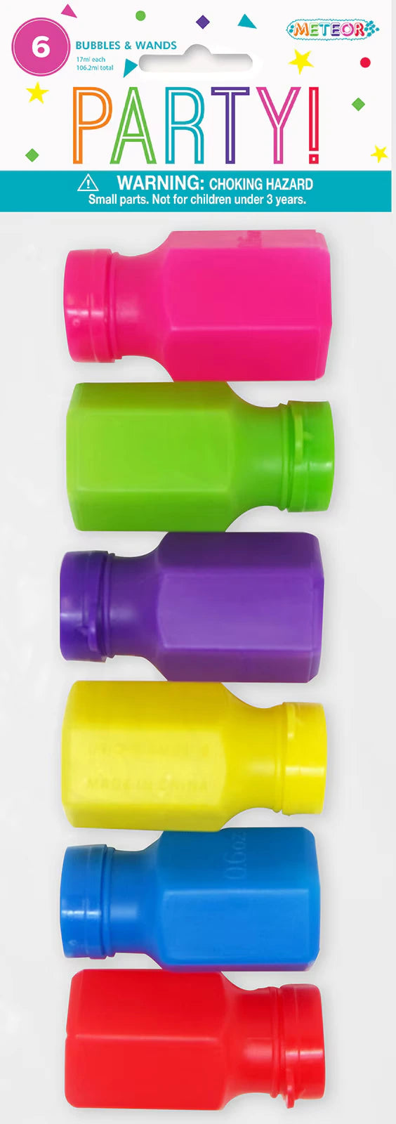 six small plastic bottles in assorted bright colours; bottle colours include pink, green, purple, yellow, blue, red; rectangular bottle shape with rounded cap; packaged with header card labelled 'PARTY!'; each bottle contains a bubble wand;