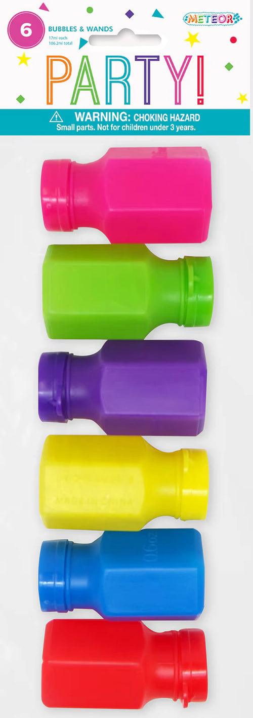 six small plastic bottles in assorted bright colours; bottle colours include pink, green, purple, yellow, blue, red; rectangular bottle shape with rounded cap; packaged with header card labelled 'PARTY!'; each bottle contains a bubble wand;