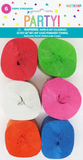 6 rolls of crepe streamers; assorted colours: red, green, white, pink, orange, blue; crepe paper textural appearance; packaged with party branding;