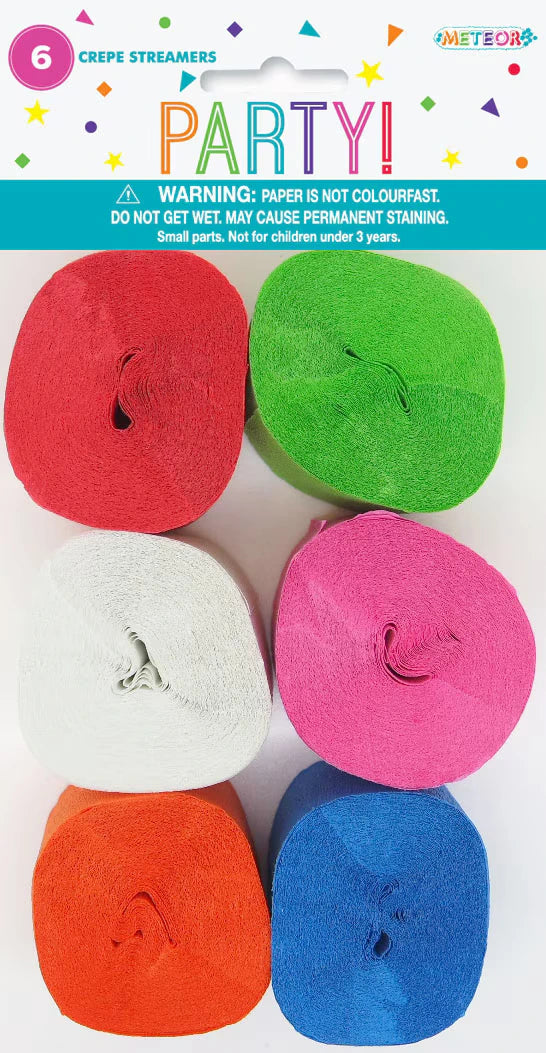 6 rolls of crepe streamers; assorted colours: red, green, white, pink, orange, blue; crepe paper textural appearance; packaged with party branding;