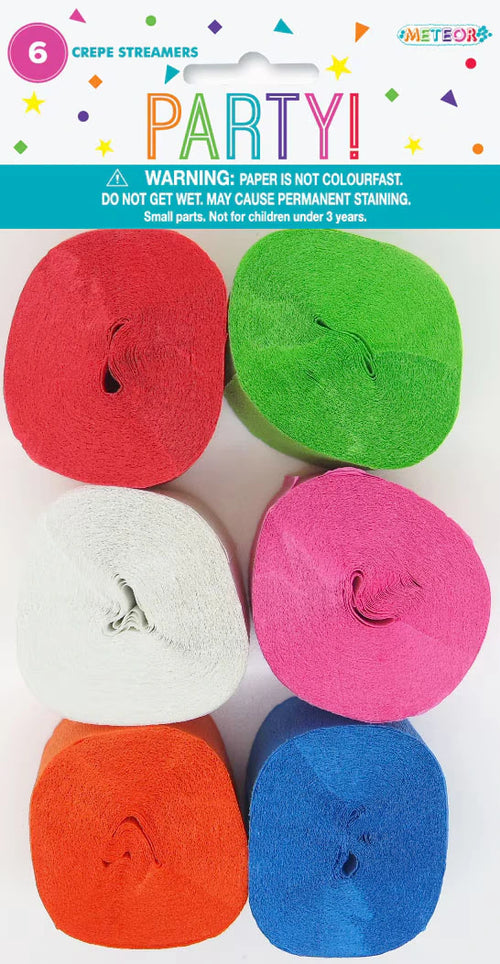 6 rolls of crepe streamers; assorted colours: red, green, white, pink, orange, blue; crepe paper textural appearance; packaged with party branding;