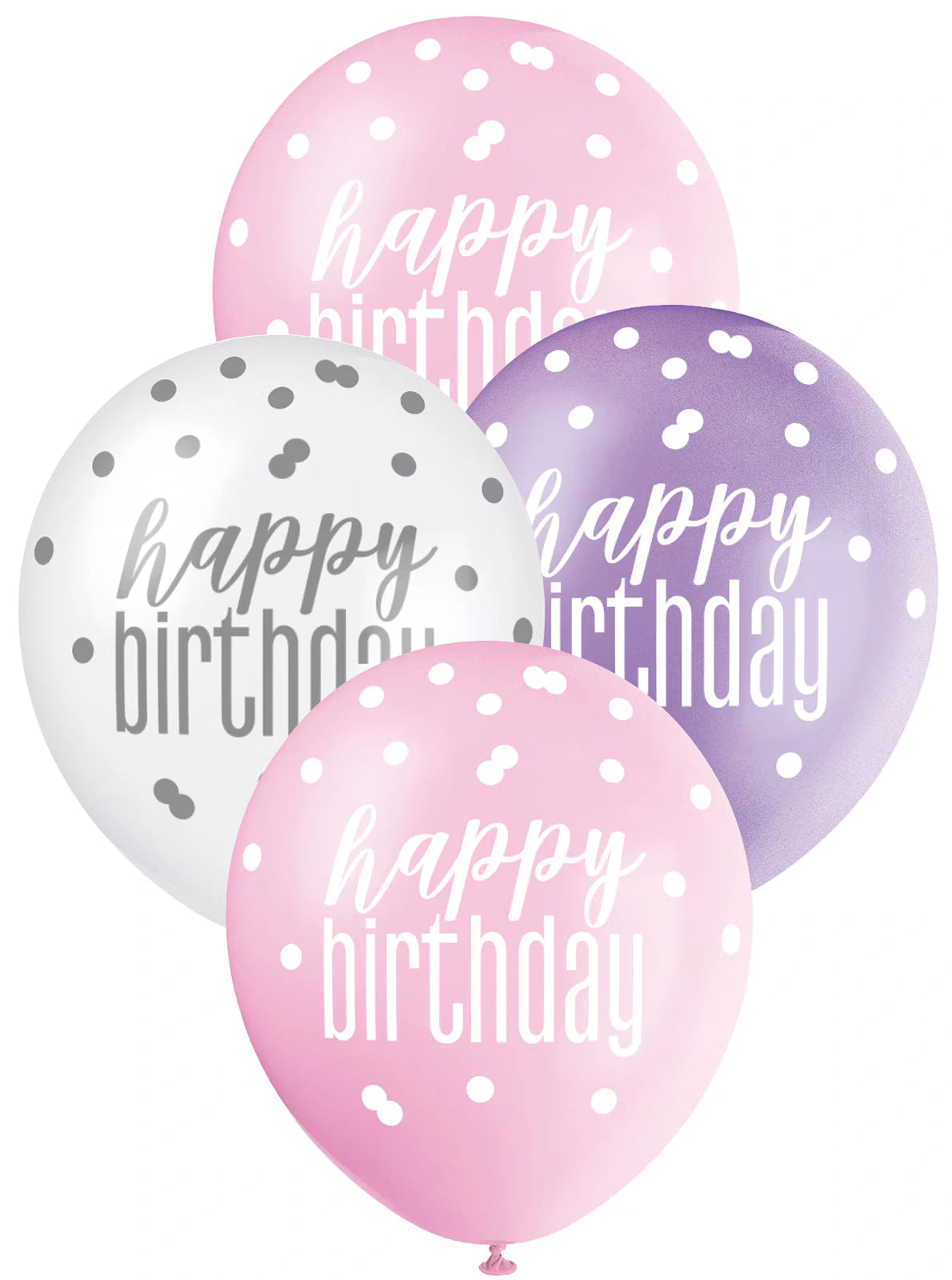Pink, purple and white latex balloons; Printed with 'happy birthday' text; Polka dot confetti-style pattern; Round balloon shape; Size around 30cm (12 inches);