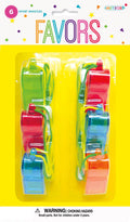 6 plastic whistles; assorted colours: red, green, blue, orange; each whistle has a coloured lanyard; packaged on yellow blister card;