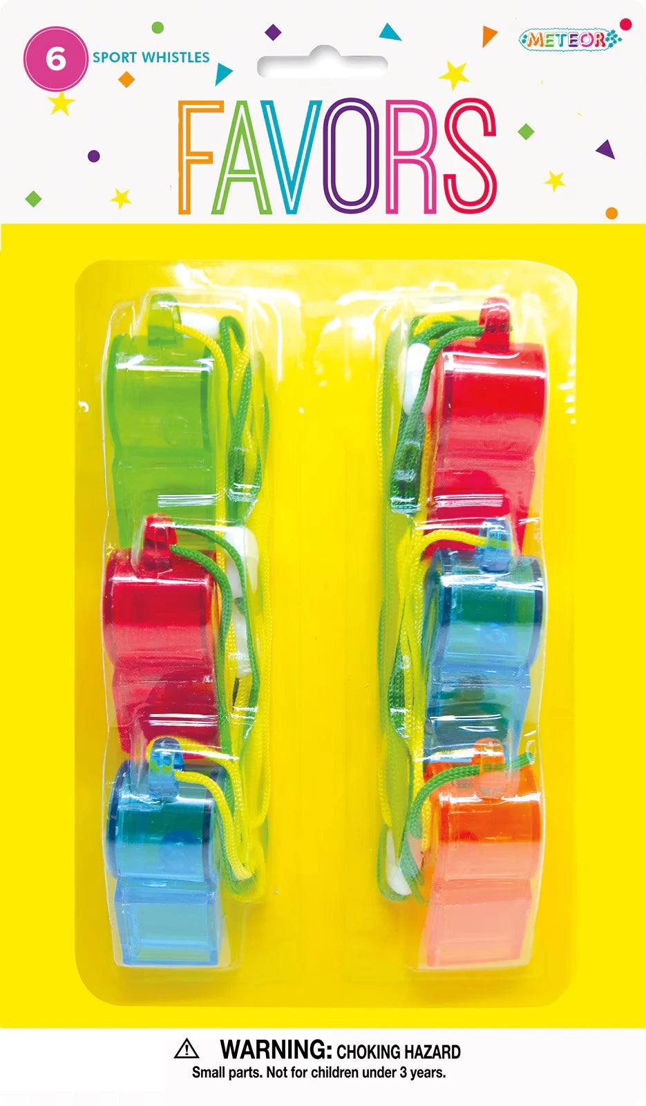 6 plastic whistles; assorted colours: red, green, blue, orange; each whistle has a coloured lanyard; packaged on yellow blister card;