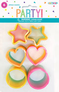 6 plastic spring shapes; assorted star, heart and coil shapes; bright rainbow colours; packaged with header card; confetti graphic on header;