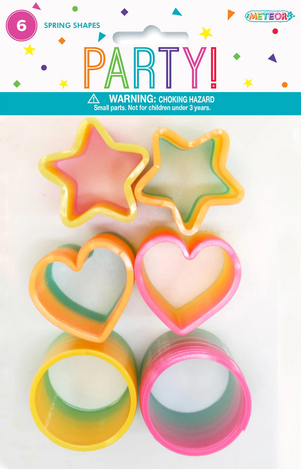 6 plastic spring shapes; assorted star, heart and coil shapes; bright rainbow colours; packaged with header card; confetti graphic on header;