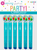 6 plastic bubble tubes in powder blue; Each tube contains liquid solution; Oval wand handle with balloon designs; Packaging with colourful confetti graphics; Header card includes 'PARTY!' text in rainbow colours;