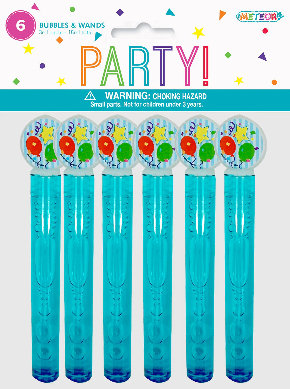 6 plastic bubble tubes in powder blue; Each tube contains liquid solution; Oval wand handle with balloon designs; Packaging with colourful confetti graphics; Header card includes 'PARTY!' text in rainbow colours;
