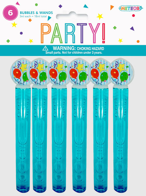 6 plastic bubble tubes in powder blue; Each tube contains liquid solution; Oval wand handle with balloon designs; Packaging with colourful confetti graphics; Header card includes 'PARTY!' text in rainbow colours;