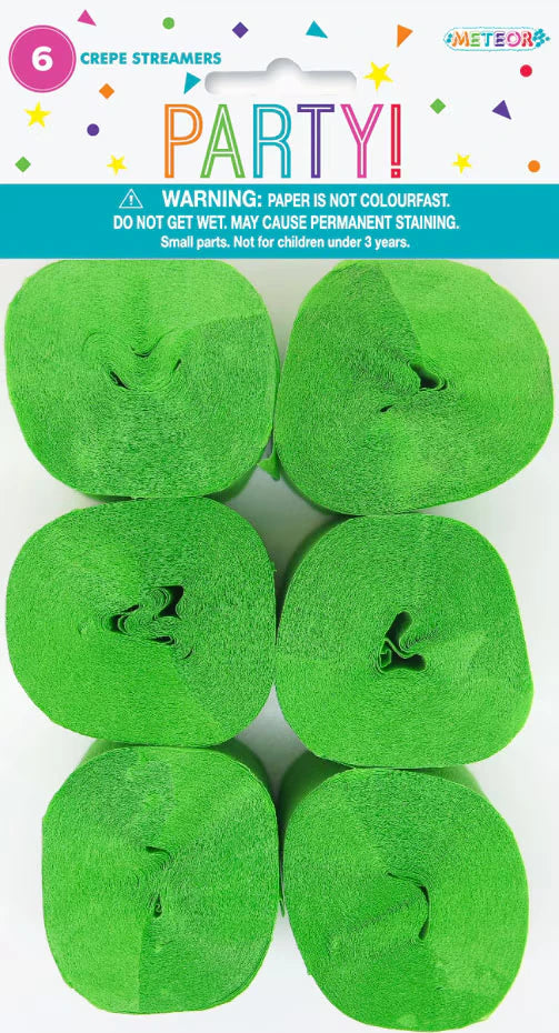 6 green crepe paper streamer rolls; rectangular packaging with party graphics; bright lime green colour; each roll tightly coiled;