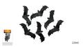 Six black bat-shaped decorations; Textured detailing across the wings; Clear plastic packaging with an orange label;