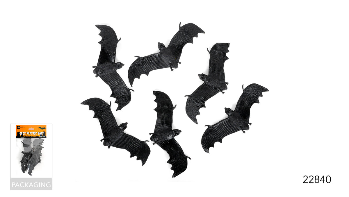 Six black bat-shaped decorations; Textured detailing across the wings; Clear plastic packaging with an orange label;