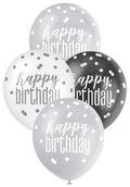 Black, silver and white latex balloons; Polka dot pattern on balloons; "Happy birthday" printed text on each balloon; Round shape, 12 inch (30cm) size;