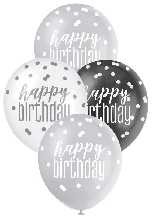 Black, silver and white latex balloons; Polka dot pattern on balloons; "Happy birthday" printed text on each balloon; Round shape, 12 inch (30cm) size;