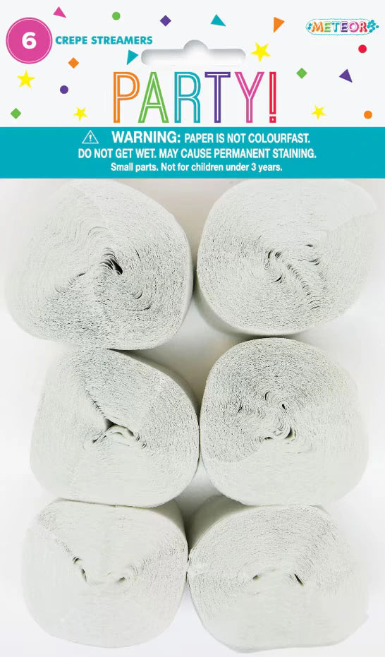 six white crepe paper rolls; packaging labelled 'PARTY!'; multicoloured confetti design on packaging; warning text on packaging; rolls arranged in two columns of three;