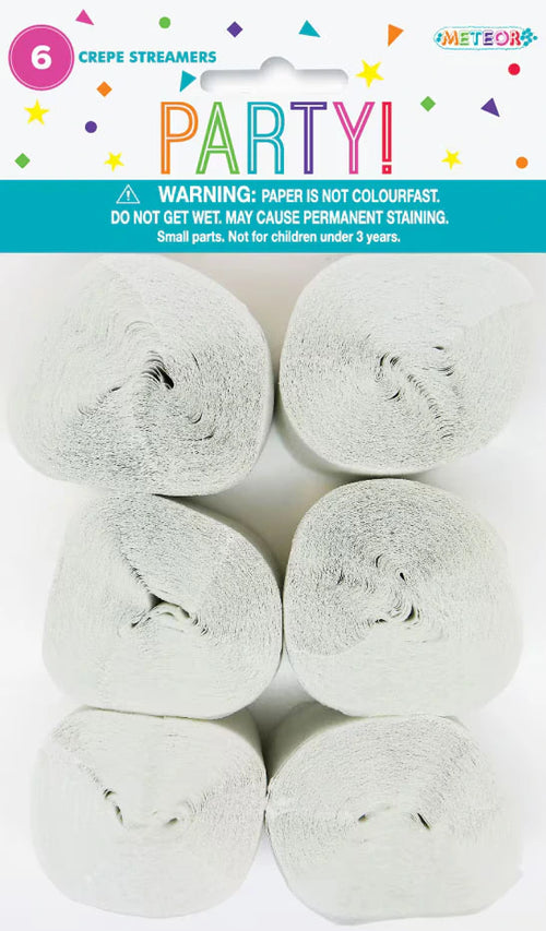 six white crepe paper rolls; packaging labelled 'PARTY!'; multicoloured confetti design on packaging; warning text on packaging; rolls arranged in two columns of three;