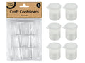 clear plastic material; six small round containers; white snap-on lids; packaged in a clear plastic hanging bag; 20ml capacity marked on packaging;