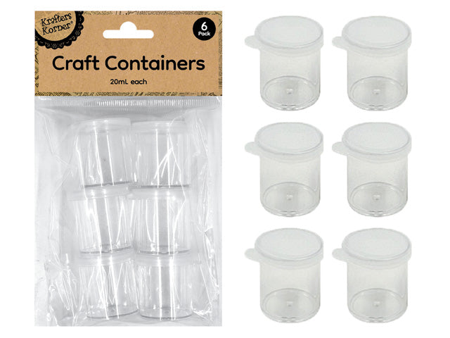 clear plastic material; six small round containers; white snap-on lids; packaged in a clear plastic hanging bag; 20ml capacity marked on packaging;