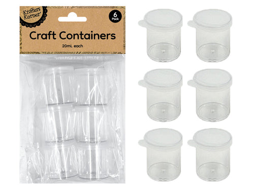 clear plastic material; six small round containers; white snap-on lids; packaged in a clear plastic hanging bag; 20ml capacity marked on packaging;