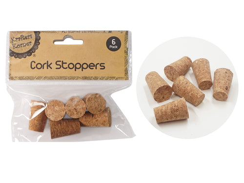 6 cork stoppers in pack; Natural cork colour and texture; Conical cork shape; Clear plastic bag packaging with cardboard header;