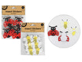 Red and black felt ladybugs; Yellow and black felt bees; White wings on insects; Small circular adhesive stickers; Pack of six stickers;