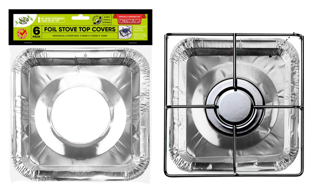 silver foil material; square shape with round cut-out centre; packaged in labelled plastic packaging; designed for gas stove top burner;