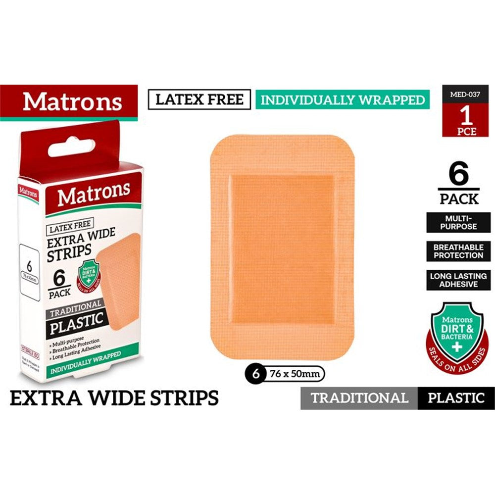 packaging with red and white Matrons branding; pack of 6 wound strips; extra wide beige plastic strips; individual plastic wrapping; strip size 76 x 50mm shown;
