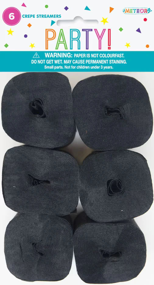 midnight black colour; six rolls; crepe paper texture; packaging labeled 'Party!'; 6 crepe streamers text on pack;