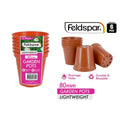brown plastic planter pots; set of six pots; stacked arrangement; visible drainage holes; label with pink and white colours;