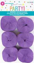 pack of 6 purple crepe paper streamers; rectangular white packaging with colourful 'PARTY!' text; warning label about paper not colourfast and not getting wet; streamers are rolled into cylindrical shape;