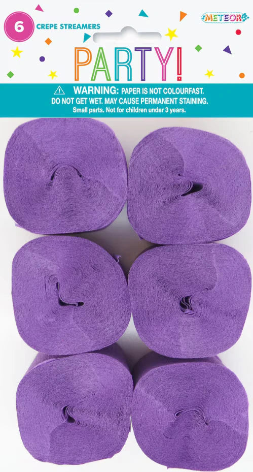 pack of 6 purple crepe paper streamers; rectangular white packaging with colourful 'PARTY!' text; warning label about paper not colourfast and not getting wet; streamers are rolled into cylindrical shape;