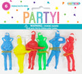 6 colourful plastic men figures; figures in blue, yellow, red and green; each figure tied with white parachute string; figures holding a rubber band; packaged with cardboard header;