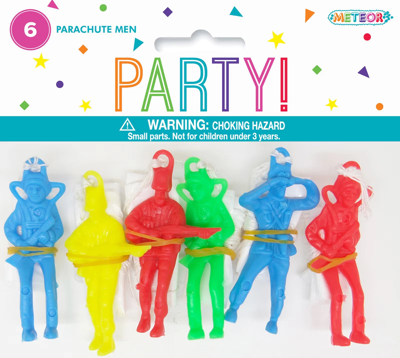 6 colourful plastic men figures; figures in blue, yellow, red and green; each figure tied with white parachute string; figures holding a rubber band; packaged with cardboard header;