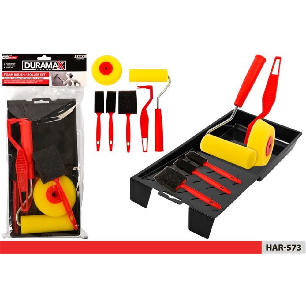 red plastic handles; yellow foam roller; black foam brushes; black paint tray with ridges; plastic packaging;