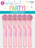 Set of 6 pink plastic bubble wands; Each wand contains liquid bubble solution; Decorative circular lid with butterfly and flower print; Wands are wrapped with pink curling ribbon;