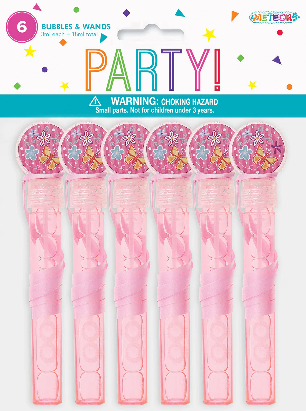 Set of 6 pink plastic bubble wands; Each wand contains liquid bubble solution; Decorative circular lid with butterfly and flower print; Wands are wrapped with pink curling ribbon;