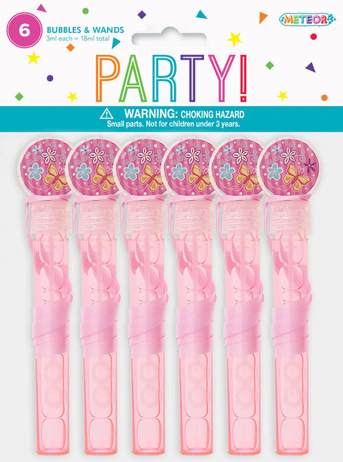 Set of 6 pink plastic bubble wands; Each wand contains liquid bubble solution; Decorative circular lid with butterfly and flower print; Wands are wrapped with pink curling ribbon;