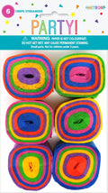 6 rolls of crepe streamers; multicoloured rainbow stripes; packaged with party branding; each roll tightly wound; crepe paper texture visible;