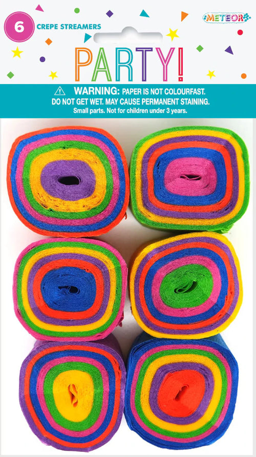 6 rolls of crepe streamers; multicoloured rainbow stripes; packaged with party branding; each roll tightly wound; crepe paper texture visible;