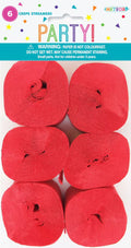 six rolls of crepe streamers; bright ruby red colour; rolled paper shape; packaged with party-themed header card;
