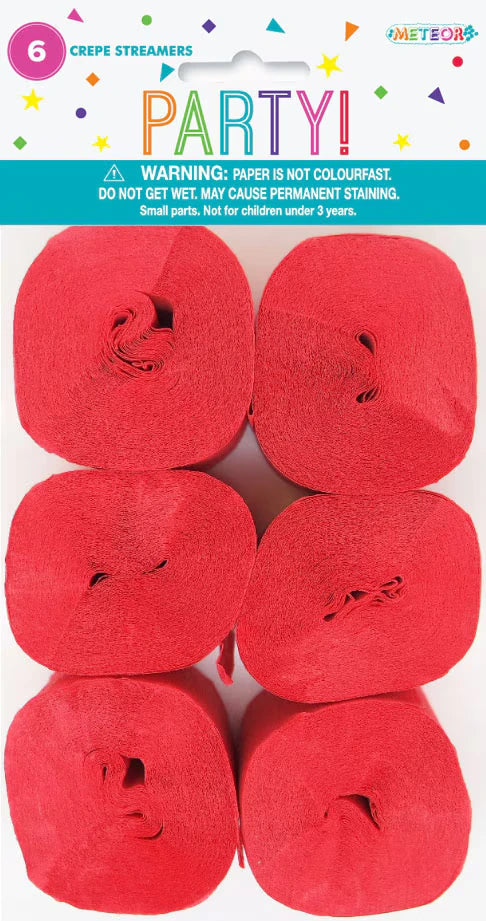six rolls of crepe streamers; bright ruby red colour; rolled paper shape; packaged with party-themed header card;