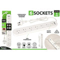 white colour; 6 Australian sockets; on/off switch button; 1 metre power cord; wall mount holes visible;