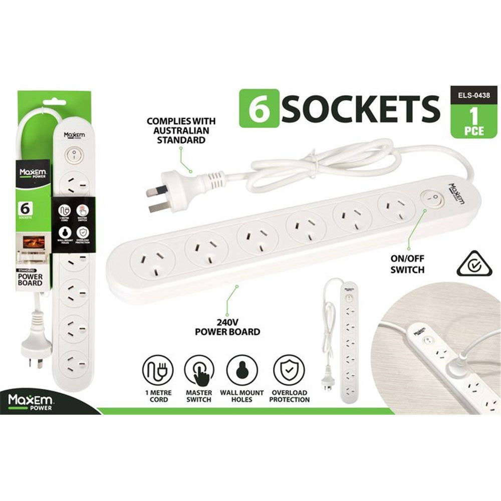 white colour; 6 Australian sockets; on/off switch button; 1 metre power cord; wall mount holes visible;
