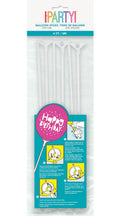 white plastic balloon sticks; each stick has a cup attachment; sticks approximately 30cm long; pack of 6 sticks; packaging shows usage instructions;